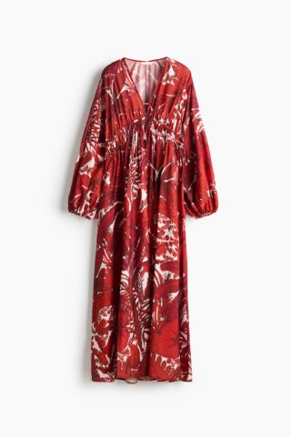H & M - Tuniekjurk met ballonmouwen - Donkerrood/Bloemen