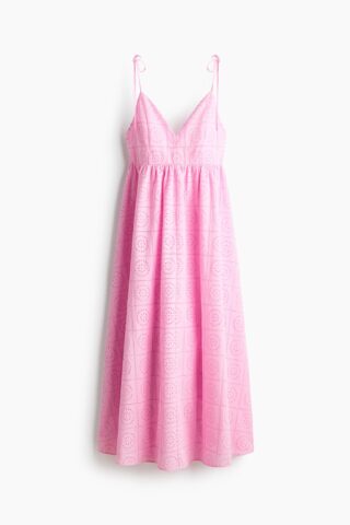 H & M - Jurk met strikbandjes en broderie anglaise - Lichtroze