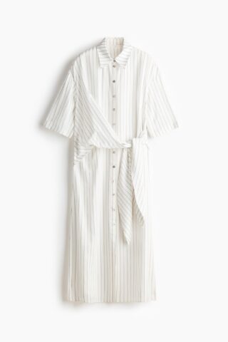 H & M - Overhemdjurk met geknoopt detail - Wit/Gestreept