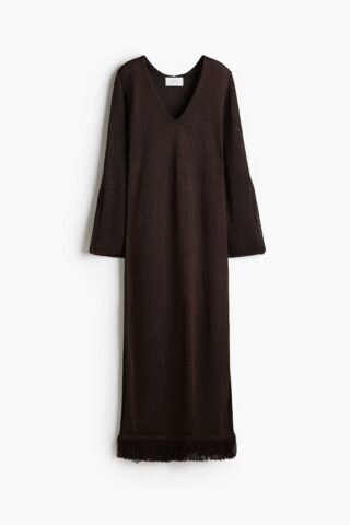 H & M - Kaftanjurk met franje - Donkerbruin