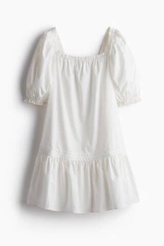 H & M - Popeline jurk met pofmouwen - Wit