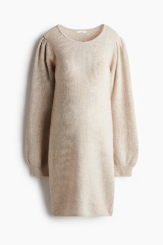H & M - MAMA Ribgebreide jurk met ballonmouwen - Lichtbeige Gemêleerd