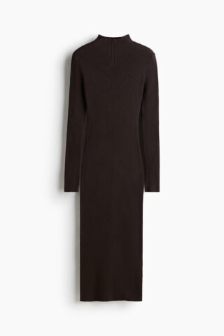 H & M - Ribgebreide jurk met turtleneck - Donkerbruin