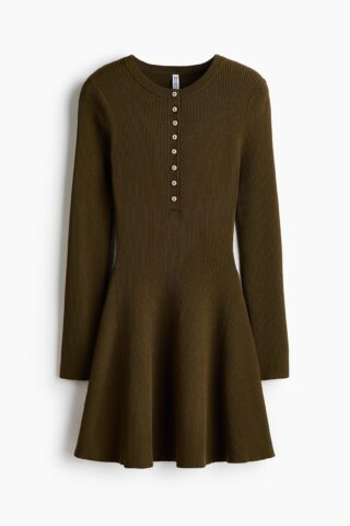 H & M - Ribgebreide jurk met uitlopende rok - Donker Olijfgroen