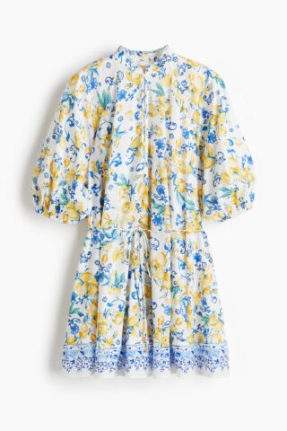 H & M - Jurk met strikceintuur - Wit/Citroenen
