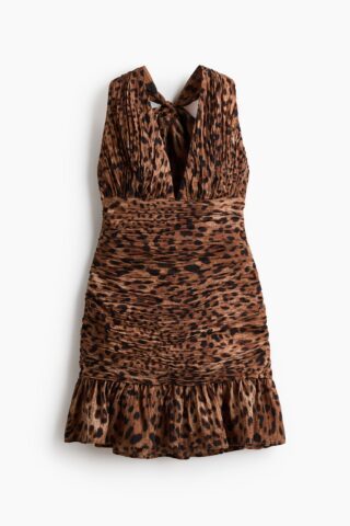 H & M - Geplooide jurk met sjaaldetail - Lichtbruin/Luipaarddessin