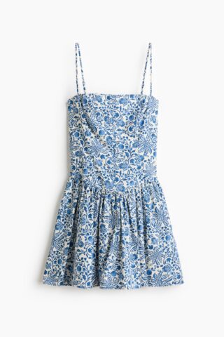 H & M - Strappy jurk van katoen met uitlopende rok - Blauw/Bloemen
