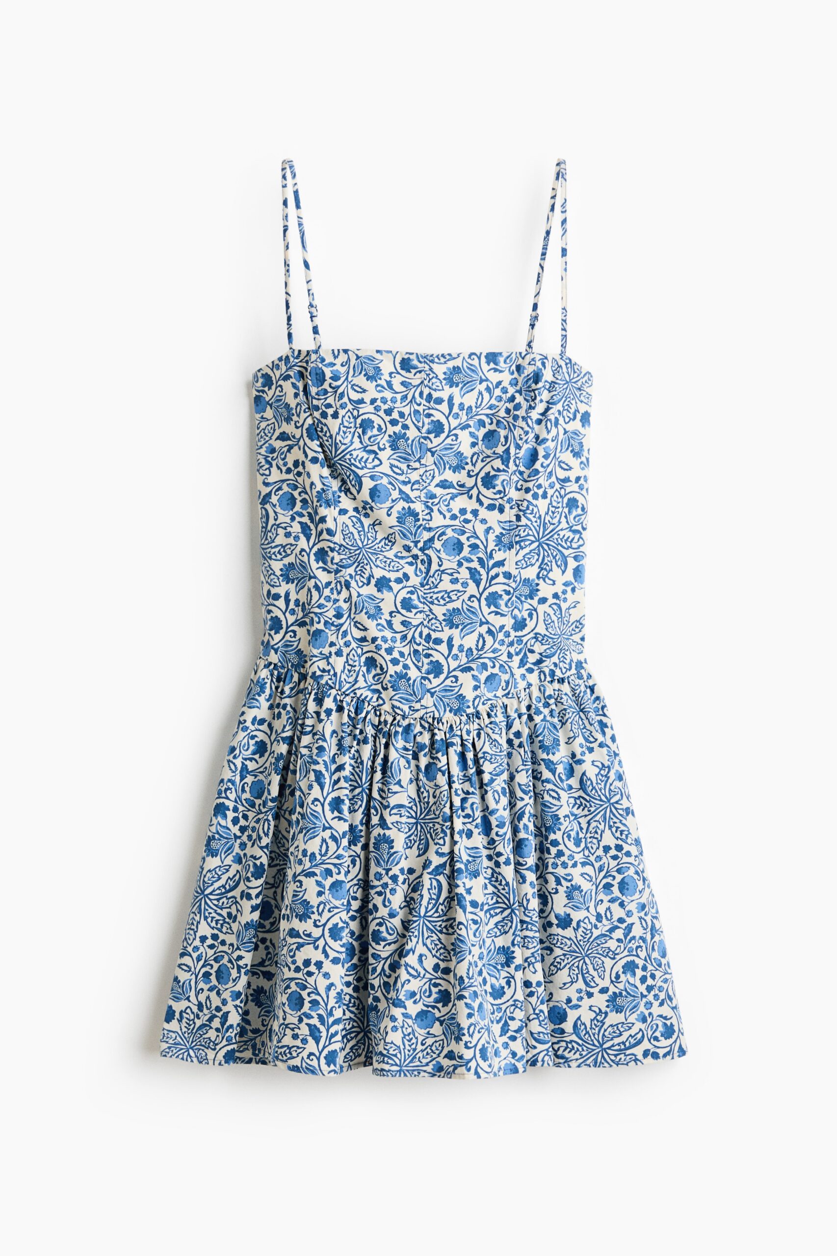 H & M - Strappy jurk van katoen met uitlopende rok - Blauw/Bloemen