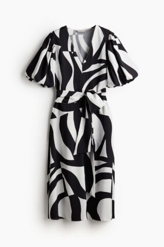 H & M - Jurk met strikceintuur - Wit/Zwart Dessin