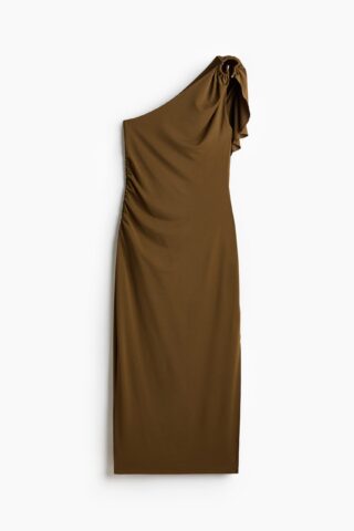 H & M - One-shoulderjurk met gedrapeerd paneel - Donker Kakigroen