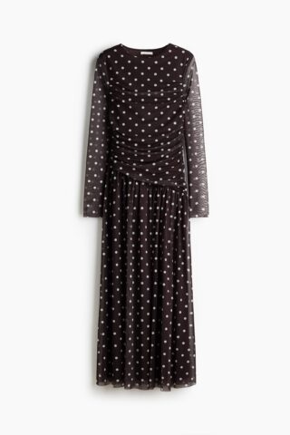 H & M - Gedrapeerde jurk van mesh - Donkerbruin/Polkadot