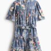 H & M - Doorknoopjurk met strikceintuur - Dusty Donkerblauw/Bloemen