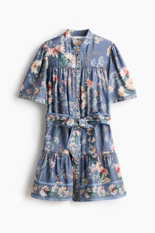 H & M - Doorknoopjurk met strikceintuur - Dusty Donkerblauw/Bloemen