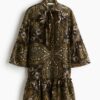 H & M - Jurk met strikkraag - Donkerbruin/Dessin