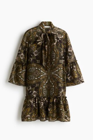 H & M - Jurk met strikkraag - Donkerbruin/Dessin