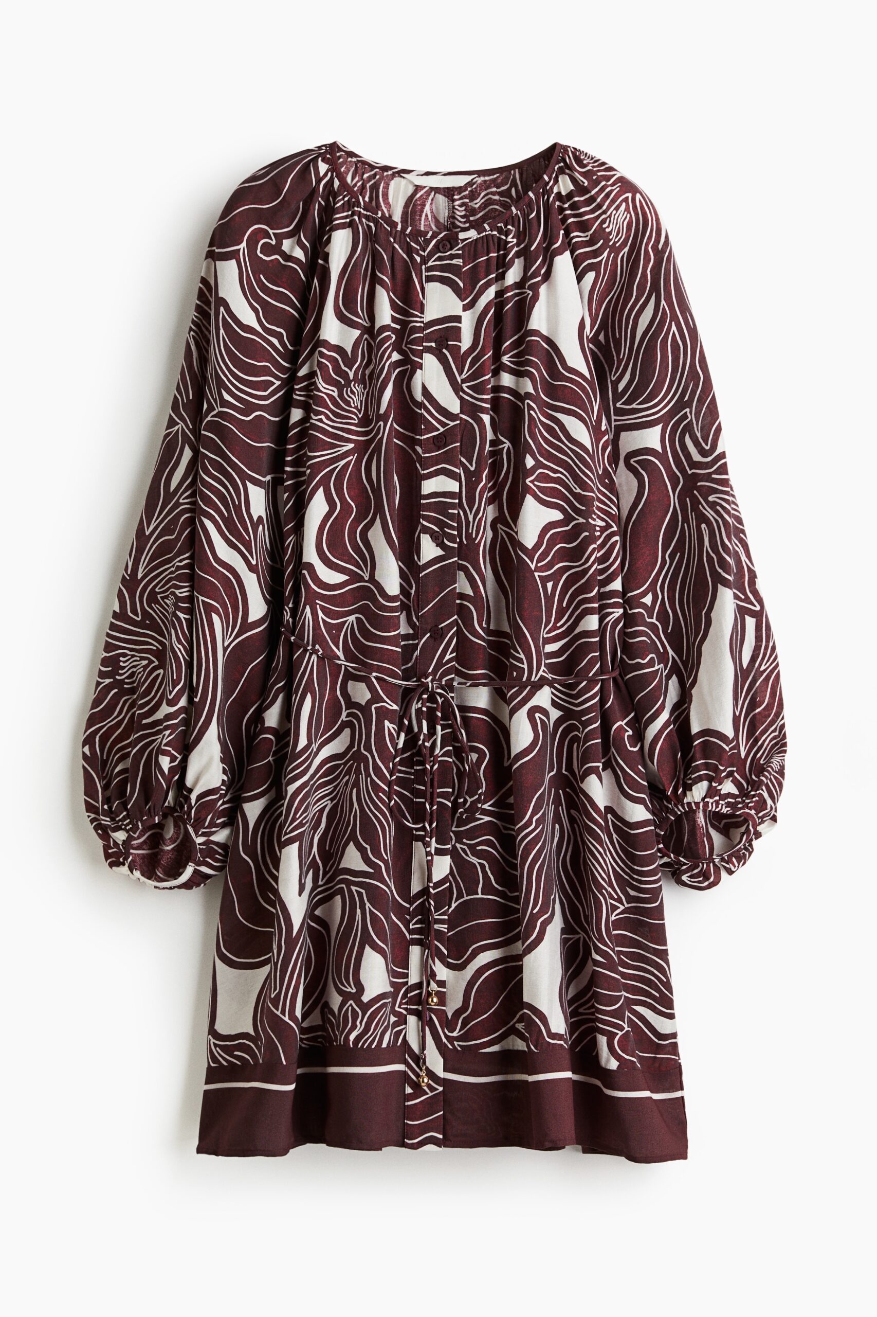 H & M - Oversized jurk met strikceintuur - Wit/Bordeauxrood Bloemen