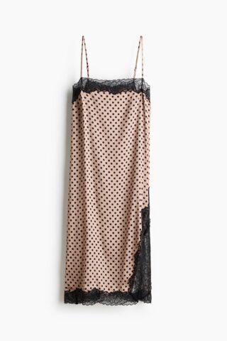 H & M - Slip-on jurk met kant - Beige/Polkadot
