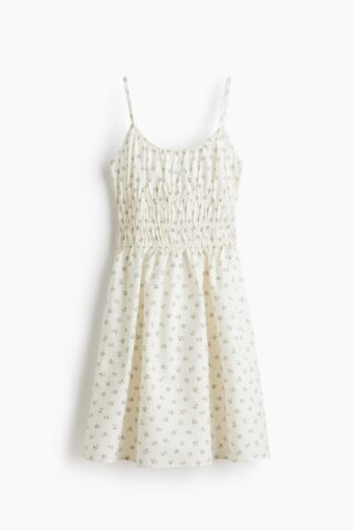H & M - Katoenen jurk met strikbandjes - Roomwit/Bloemen
