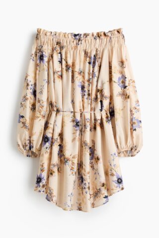 H & M - Oversized off-the-shoulderjurk - Lichtbeige/Bloemen