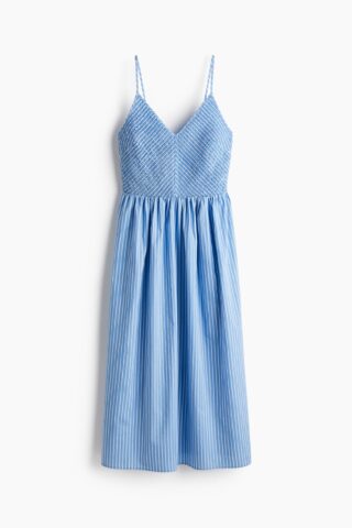 H & M - Katoenen jurk met smokwerk - Lichtblauw/Gestreept