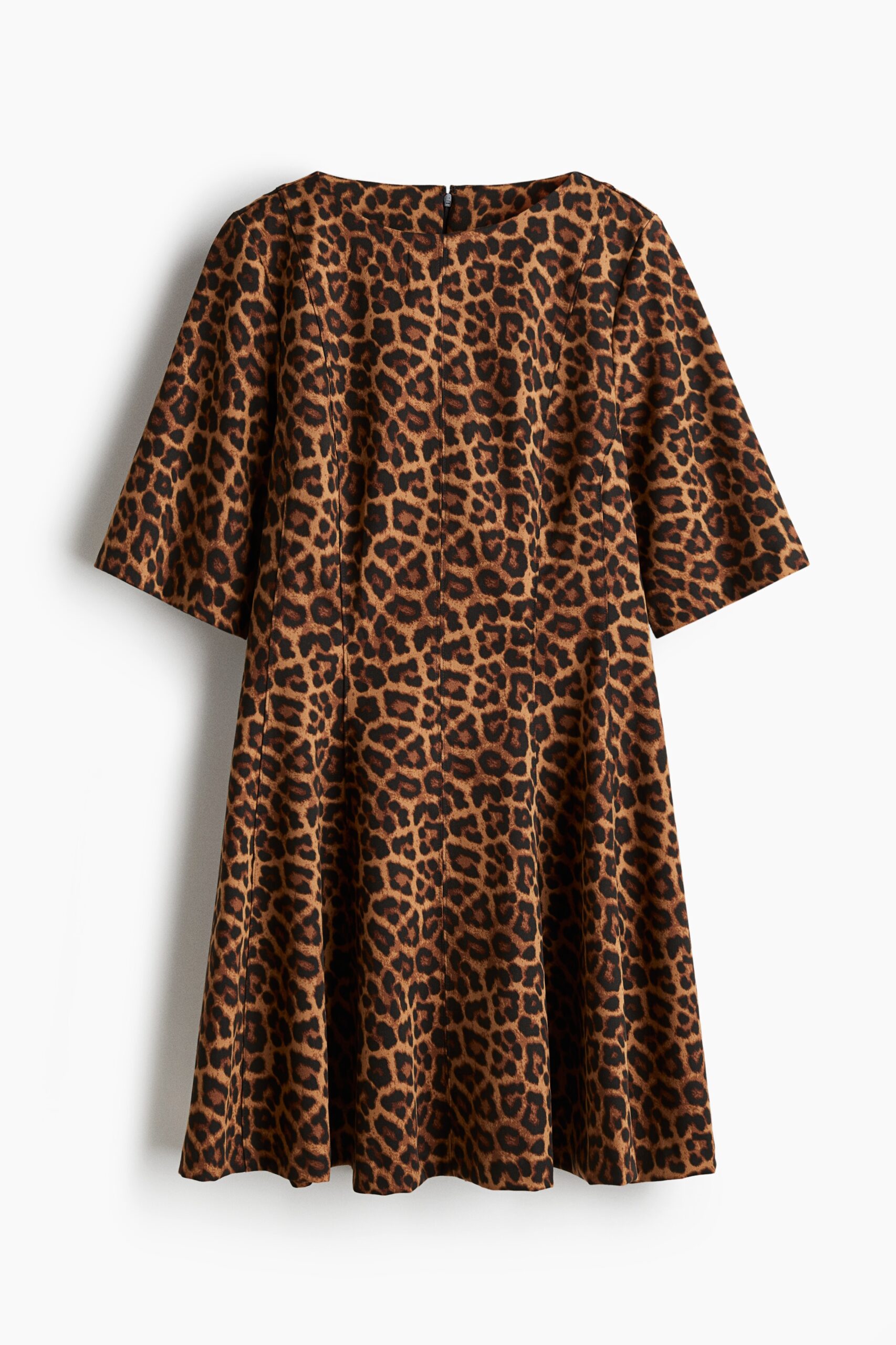 H & M - Getailleerde jurk van twill - Donkerbeige/Luipaarddessin