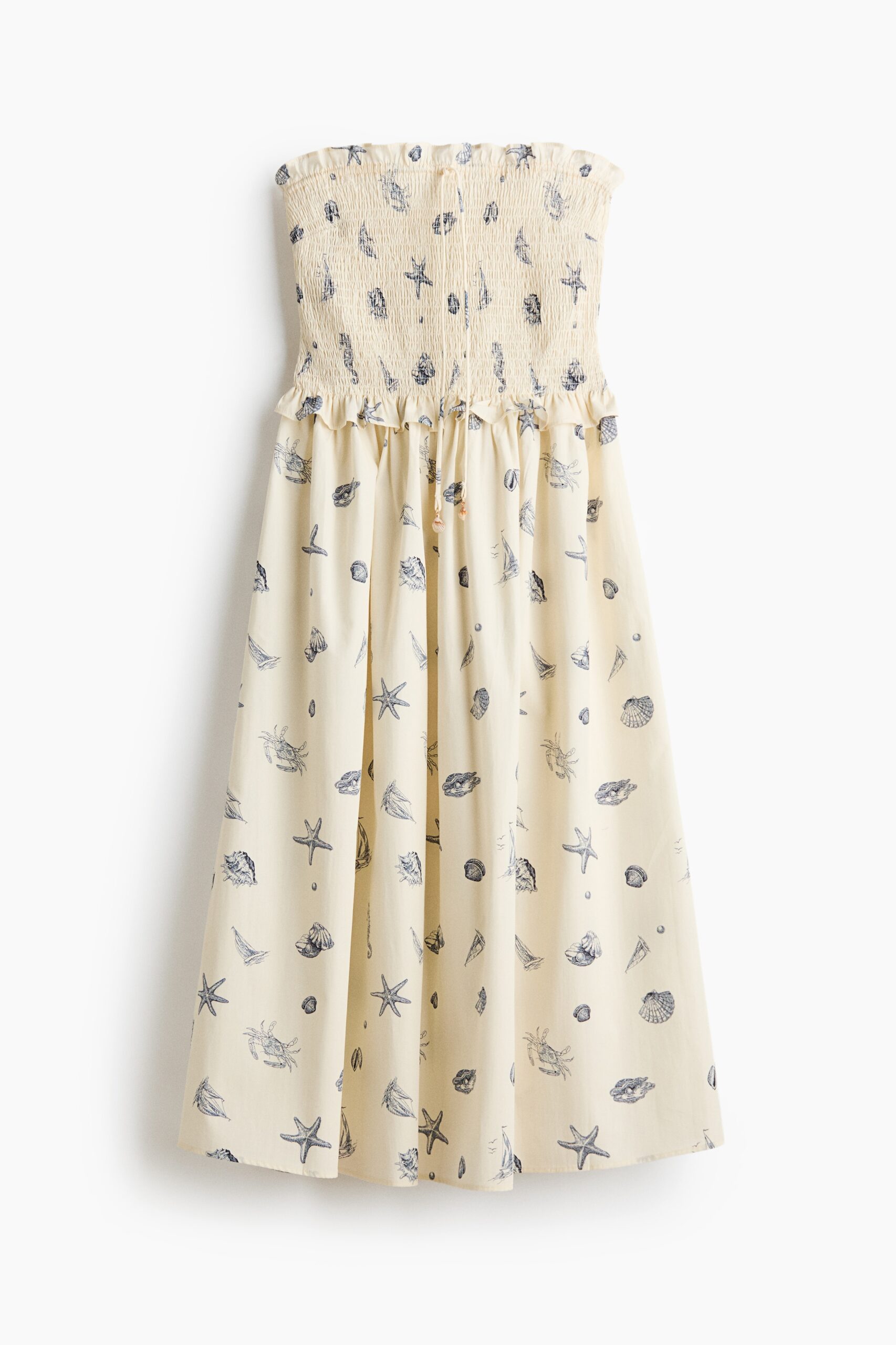 H & M - Bandeaujurk met gesmokt lijfje - Roomwit/Schelpen