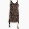 H & M - Jurk met kraaltjes en gedrapeerde stroken - Donkertaupe