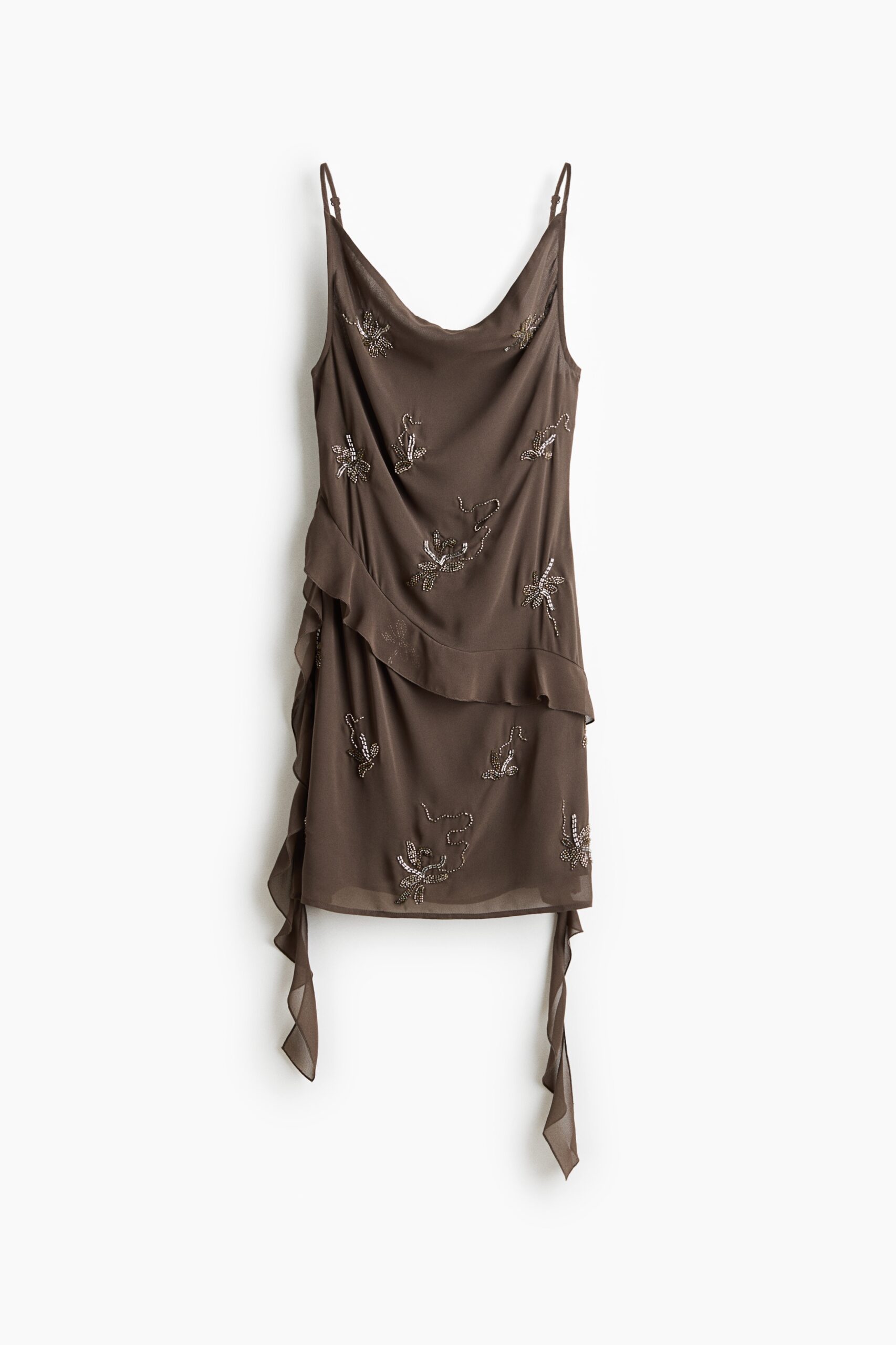 H & M - Jurk met kraaltjes en gedrapeerde stroken - Donkertaupe