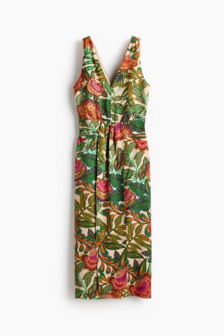 H & M - Midi-jurk met V-hals - Lichtbeige/Bloemen
