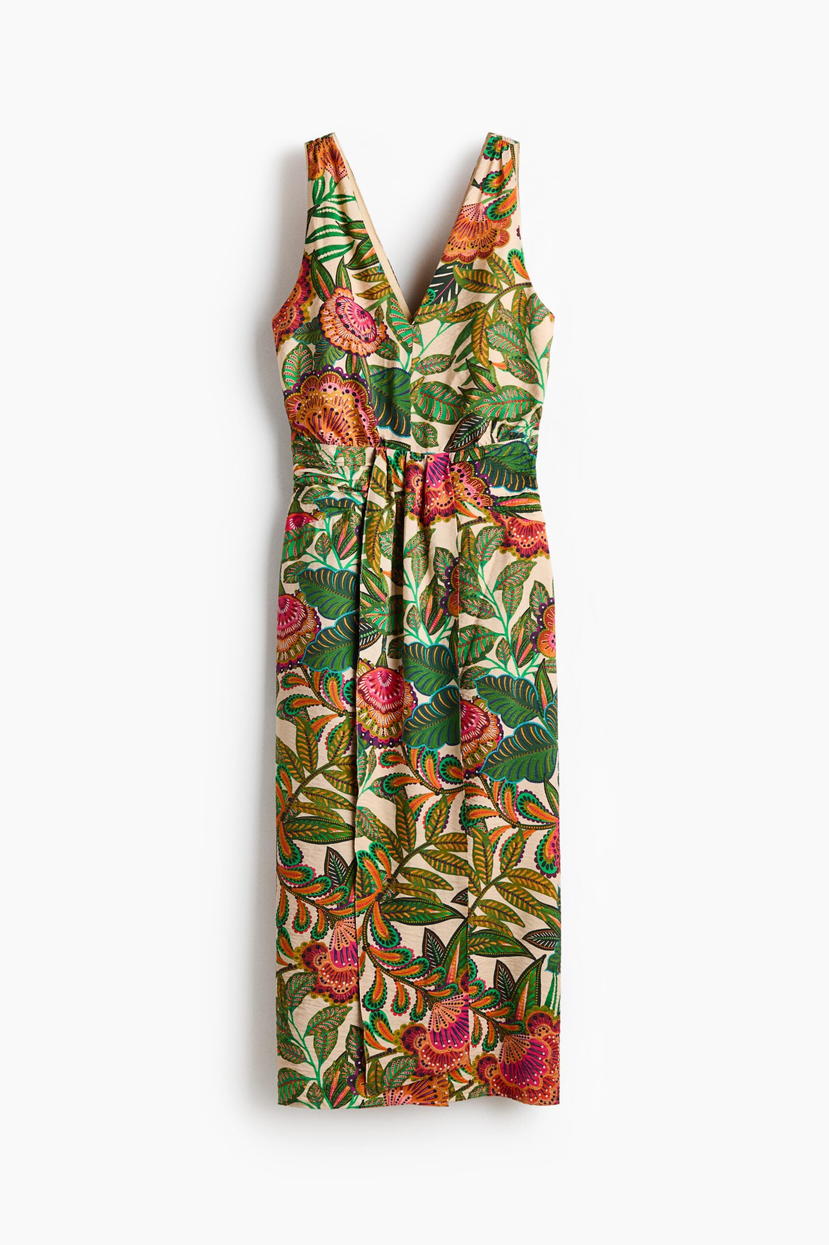 H & M - Midi-jurk met V-hals - Lichtbeige/Bloemen H & M - Midi-jurk met V-hals - Lichtbeige/Bloemen