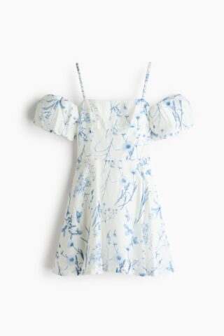 H & M - Cold-shoulderjurk van linnenmix - Wit/Bloemen