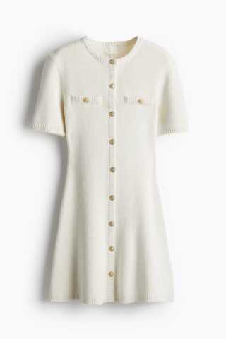 H & M - Ribgebreide doorknoopjurk - Roomwit