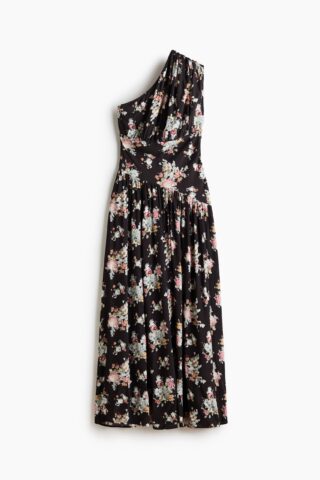 H & M - Gedrapeerde one-shoulderjurk - Zwart/Bloemen