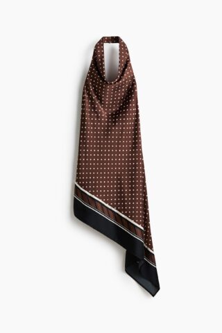 H & M - Asymmetrische satijnen halterjurk - Bruin/Polkadot