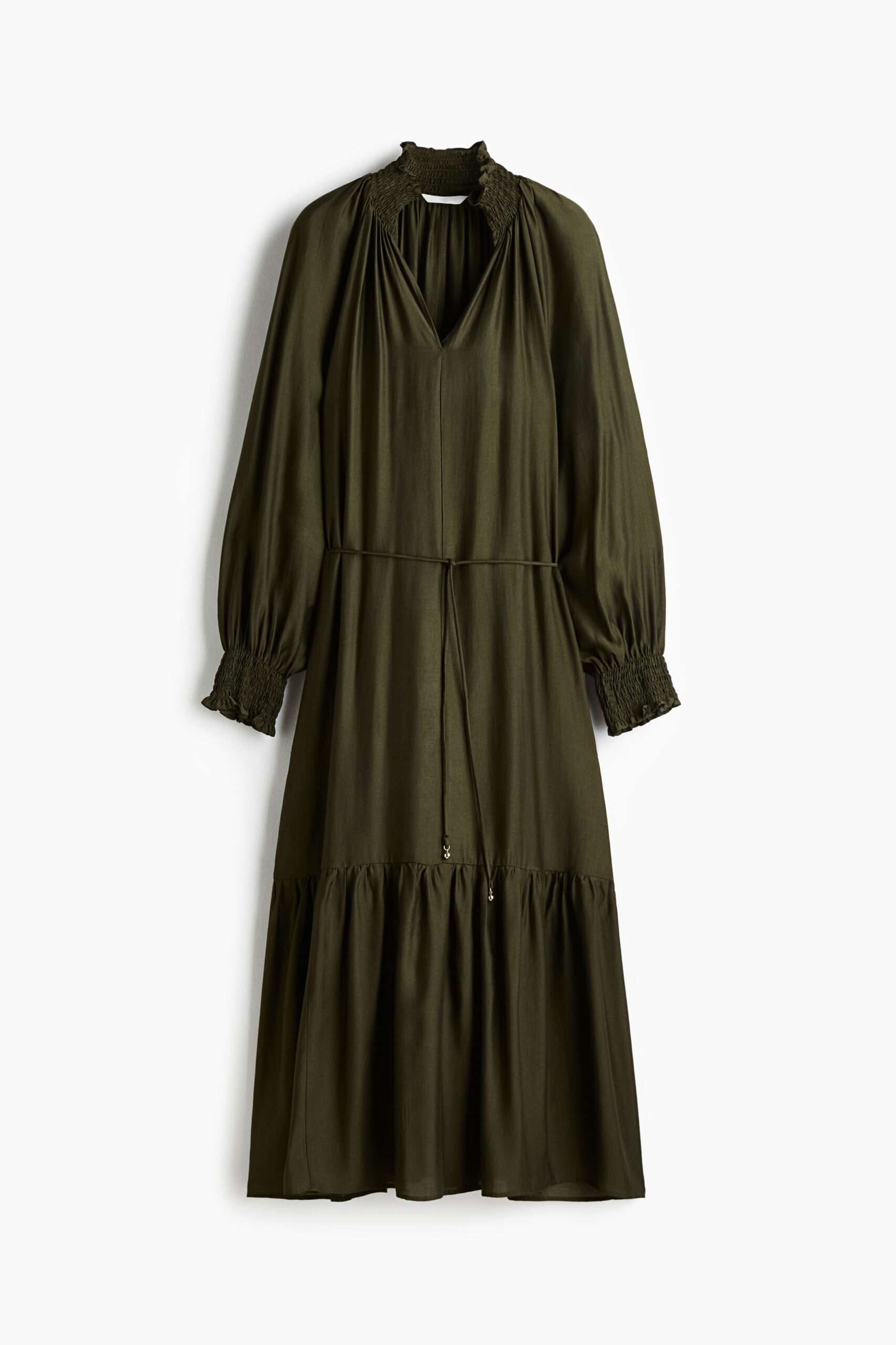 H & M - Jurk met smokwerk - Donker Kakigroen
