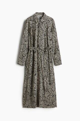 H & M - Overhemdjurk van viscose met strikceintuur - Zwart/Roomwit Dessin