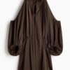 H & M - Cold-shoulderjurk met ballonmouwen - Donker Kakigroen