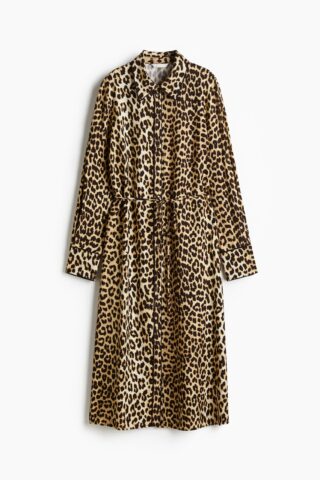 H & M - Gedessineerde jurk met strikceintuur - Beige/Luipaarddessin