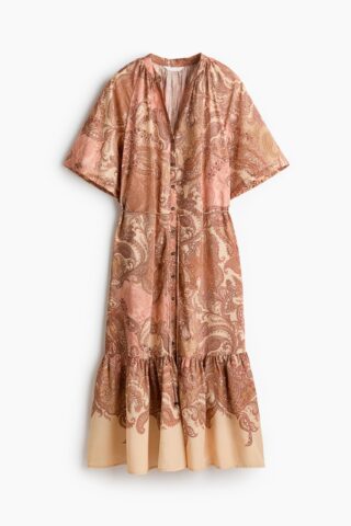 H & M - Jurk met korte mouwen en strikbandje - Beige/Paisleydessin