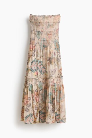 H & M - Bandeaujurk met smokwerk - Lichtbeige/Dessin