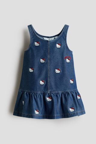 H & M - Geborduurde jurk met denimlook - Denimblauw/Hello Kitty
