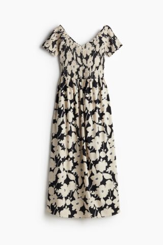 H & M - Gesmokte off-the-shoulderjurk - Zwart/Beige Bloemen