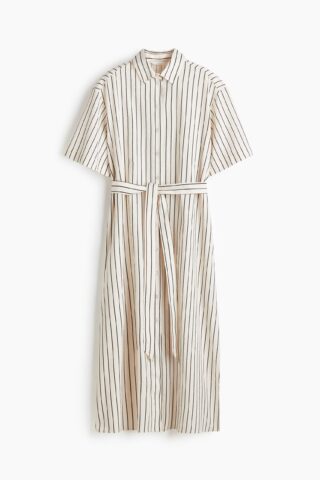 H & M - Overhemdjurk van linnenmix - Roomwit/Gestreept
