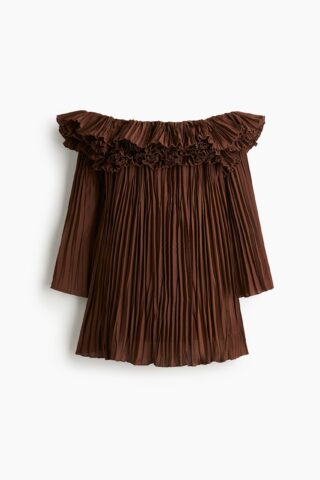 H & M - Geplisseerde off-the-shoulderjurk - Donkerbruin