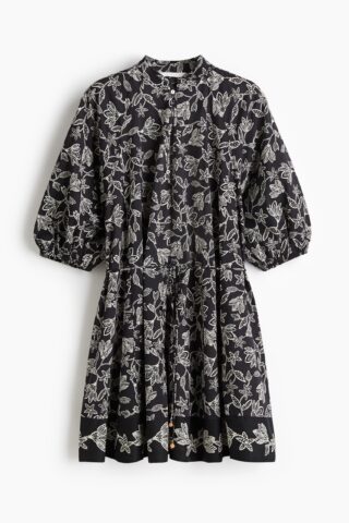 H & M - Jurk met strikceintuur - Zwart/Bloemen