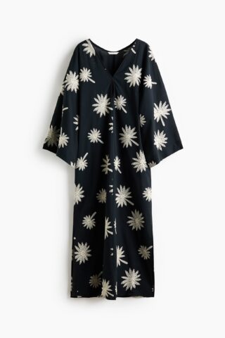 H & M - Kaftanjurk met borduursel - Zwart/Palmbomen