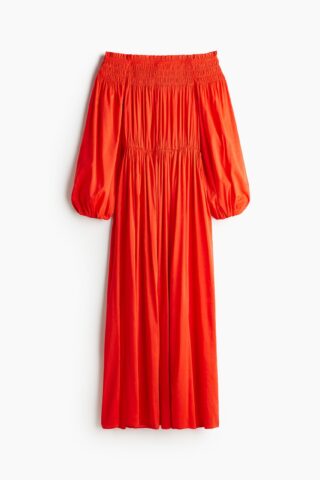 H & M - Off-the-shoulderjurk met smokwerk - Helderrood