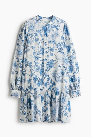 H & M - Gedessineerde jurk van viscose - Wit/Blauwe Bloemen