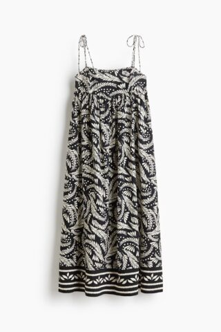H & M - Midi-jurk met strikbandjes - Zwart/Lichtbeige