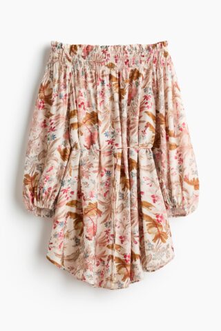 H & M - Oversized off-the-shoulderjurk - Lichtbeige/Bloemen